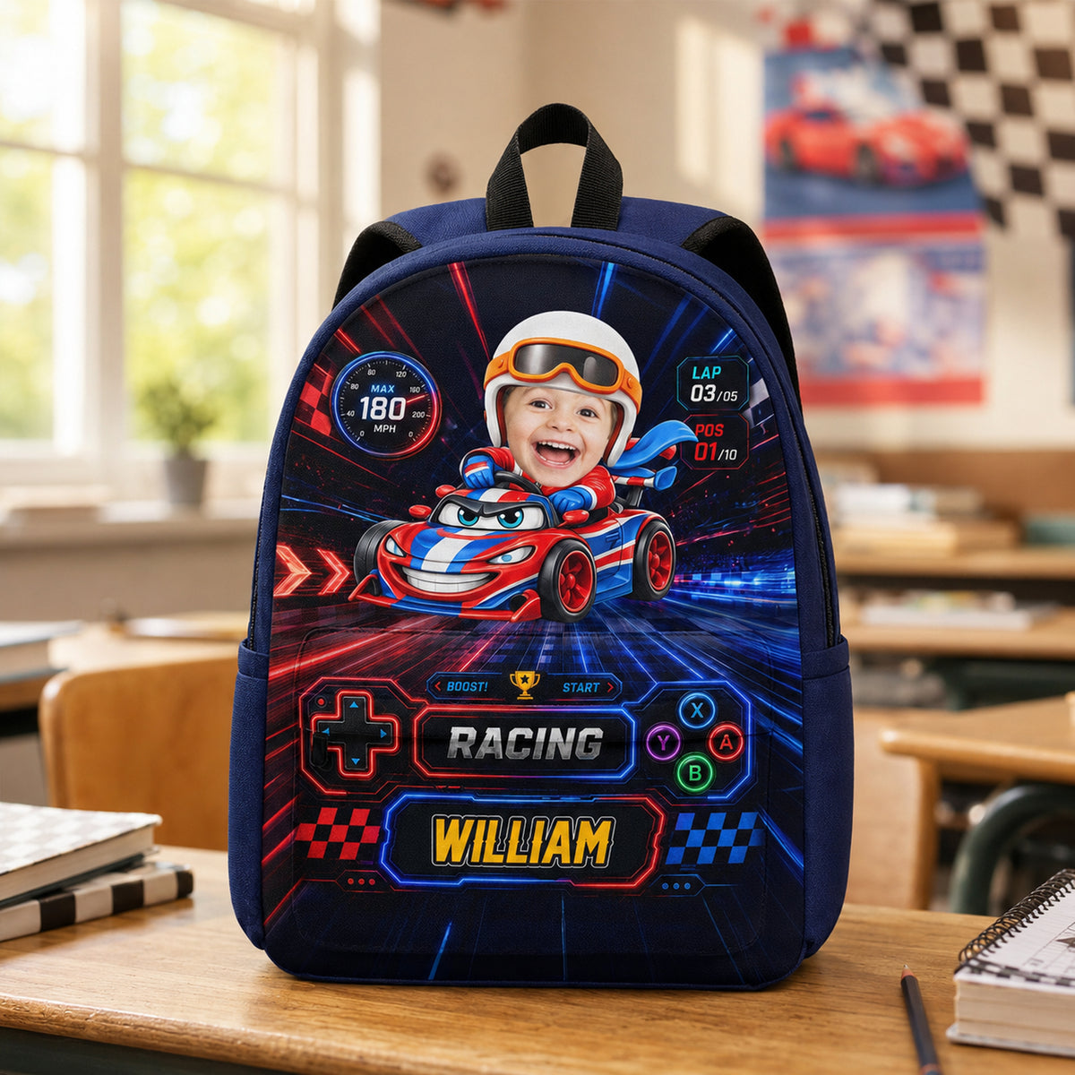 Personalized Photo Racing Car Backpack for Kids LM32 669611