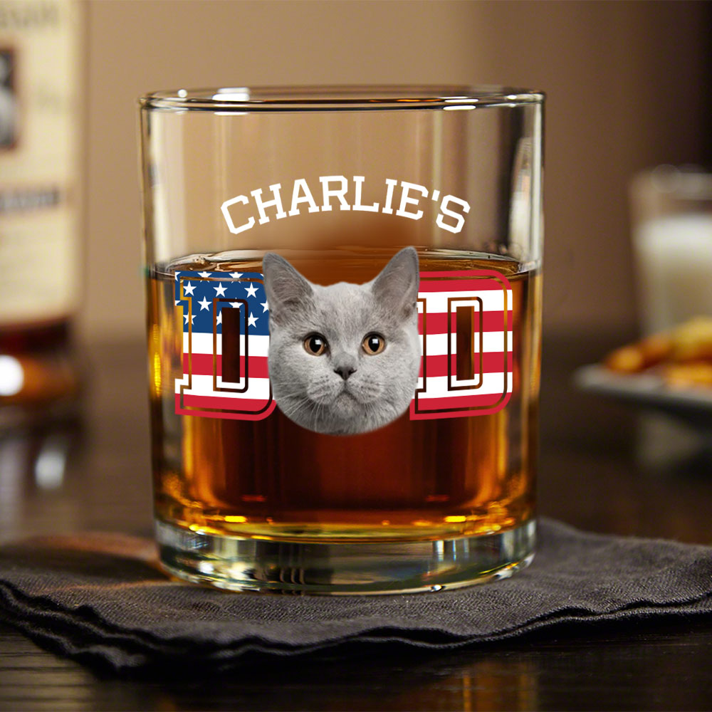 Custom Photo Cat Dad US Flag Rock Glass HA75 892408