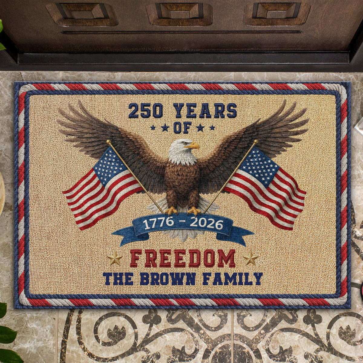 Personalized Family Name 250 Years Of Freedom USA Patriotic Faux Pattern Doormat - 2D Printed Not Embroidered Patriotic America Decor HO82 901580