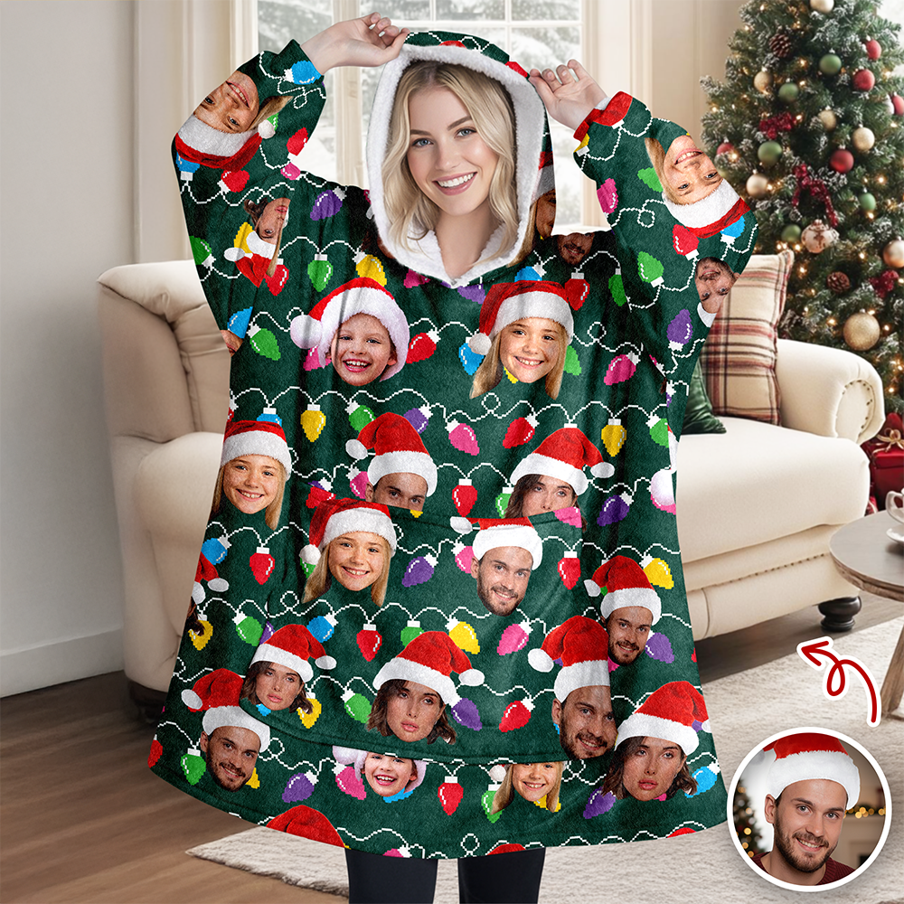 Custom Photo With Colorful Christmas Lights Hoodie Blanket For Family HA75 898290