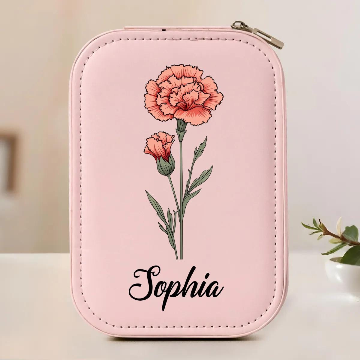 Personalized Birth Flower Leather Travel Jewelry Box with LED Mirror 100204