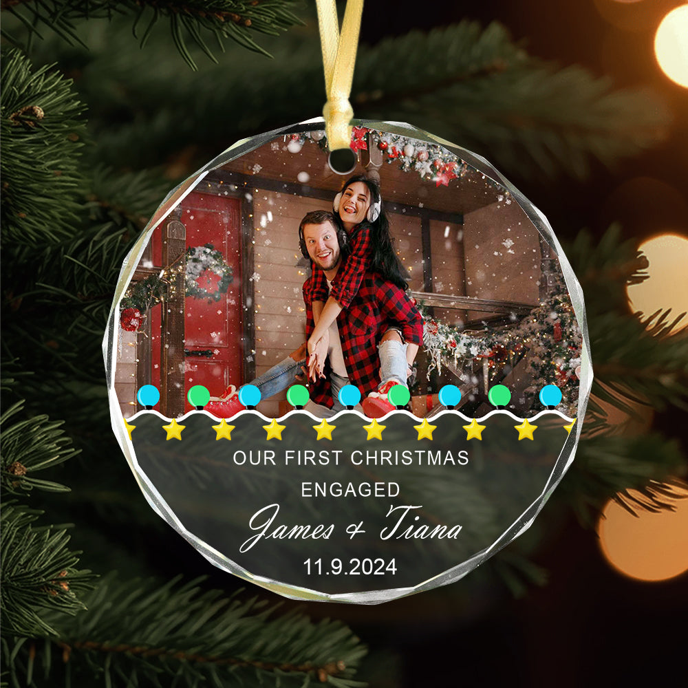 Custom Photo First Christmas Engaged Couple Glass Circle Ornament HO82 893088