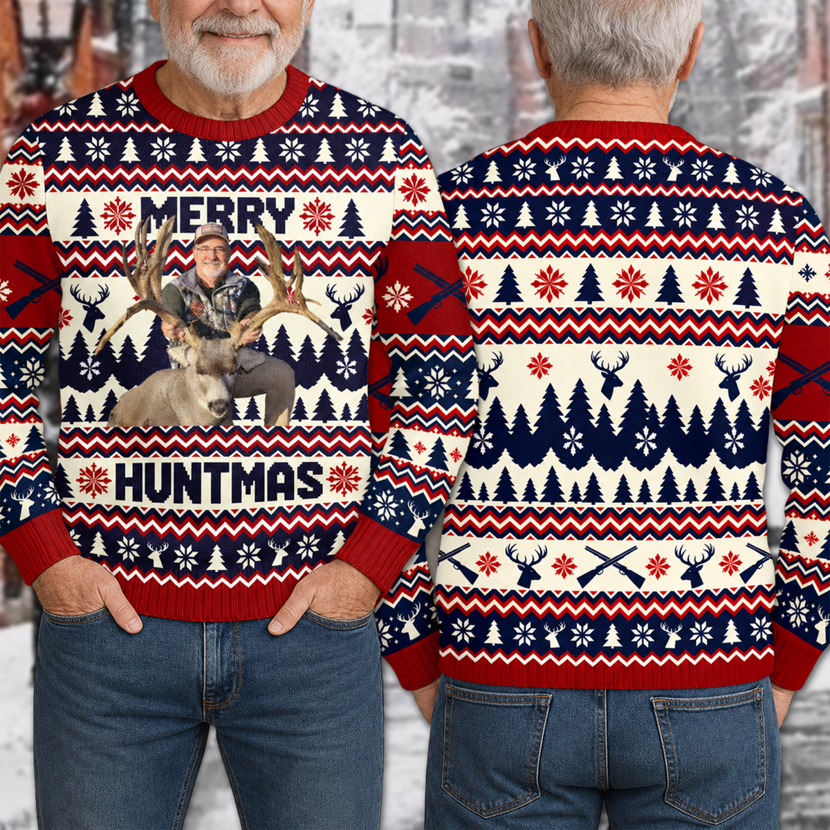 Custom Photo Merry Huntmas, Personalized Ugly Sweater Christmas Hunting Gifts HA75 919616