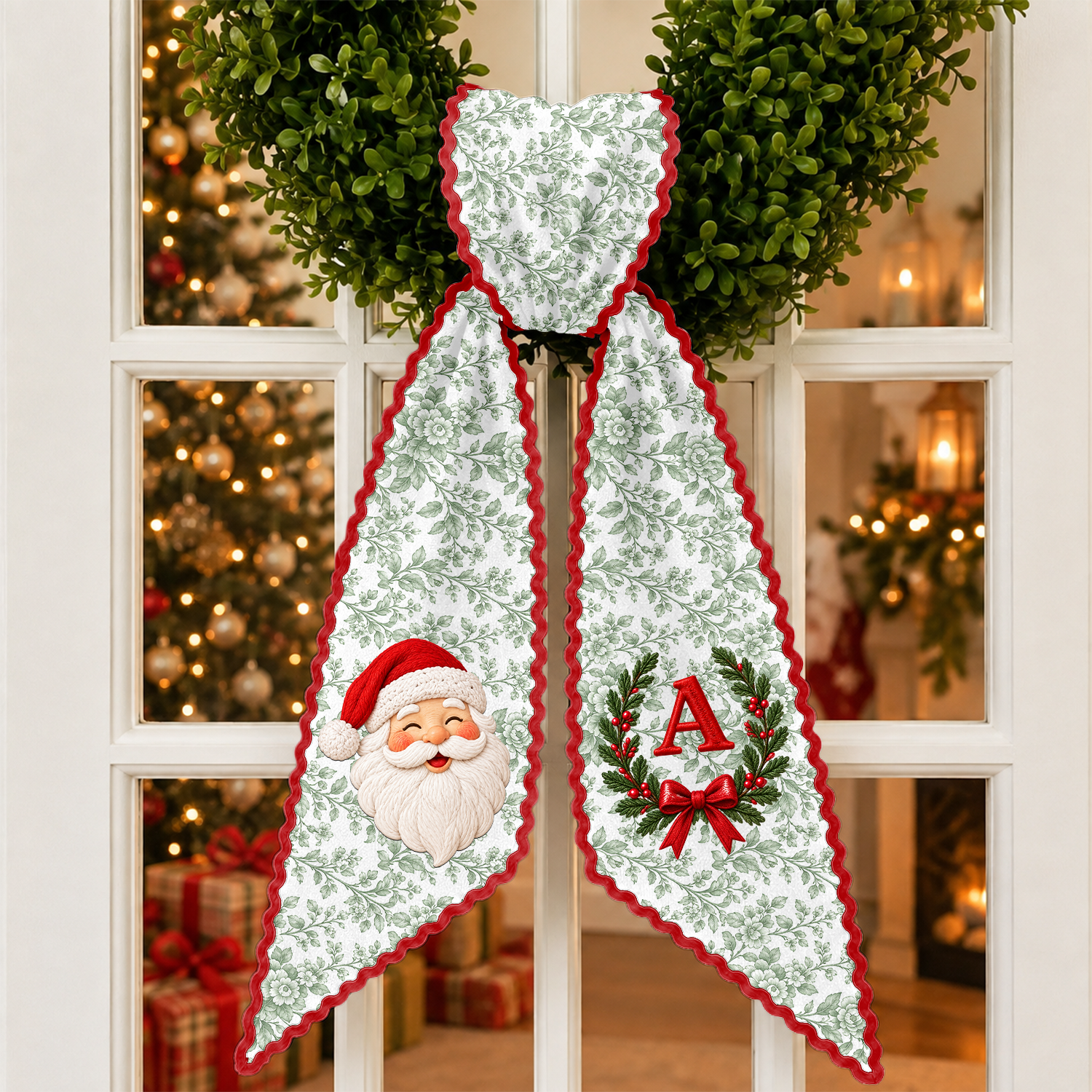 Personalized Monogram Letter Santa Claus Christmas Embroidered Wreath Sash, Festive Holiday Door Decor LM32 670203
