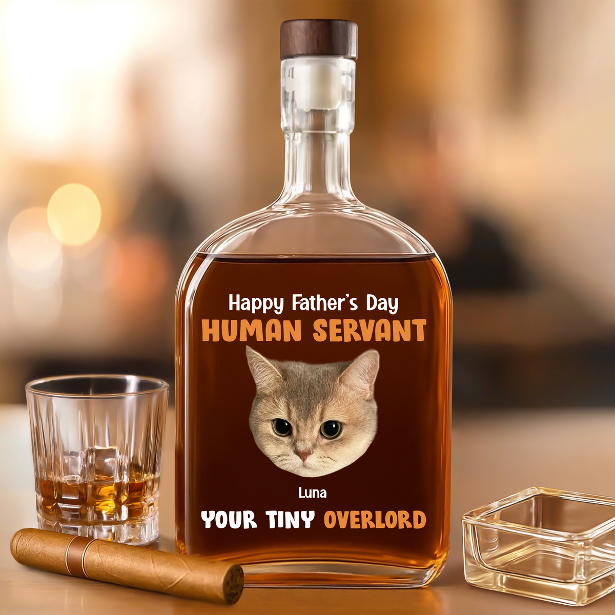 Custom Cat Photo Happy Father's Day From Your Tiny Overlords Whiskey Bottle LM32 893601