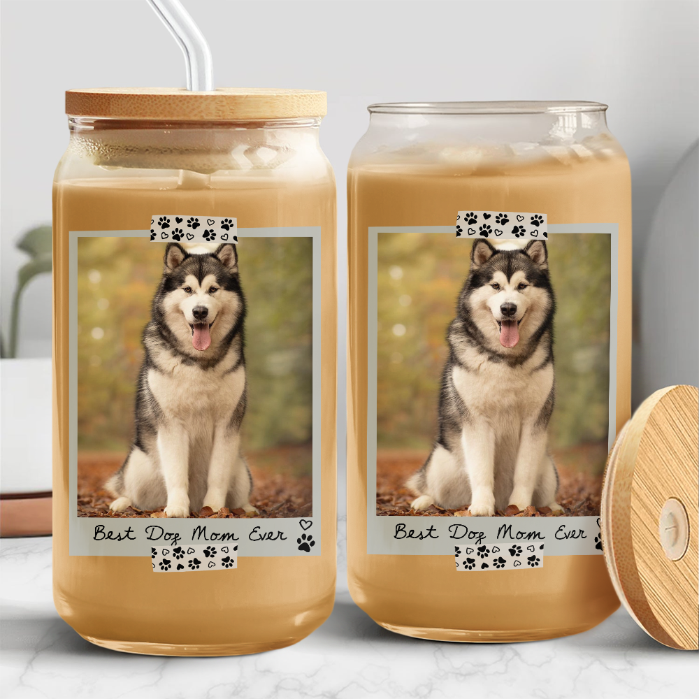 Custom Pet Photo Best Dog Mom Ever Glass Can With Lid Gift for Pet Lovers TH10 169005