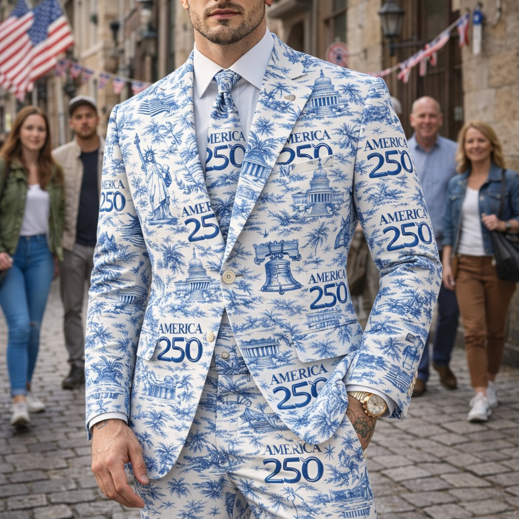 America 250th Anniversary Toile De Jouy Style Men's Suit HO82 901676