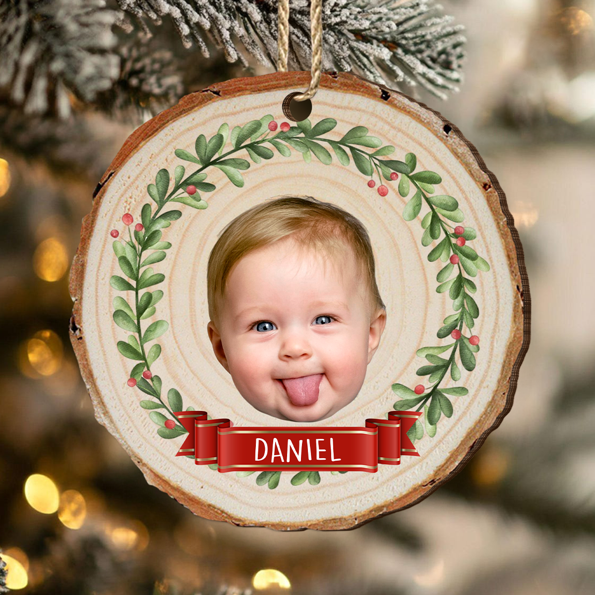 Customize Kid Face Wood Slice Ornament For Christmas HO82 903956