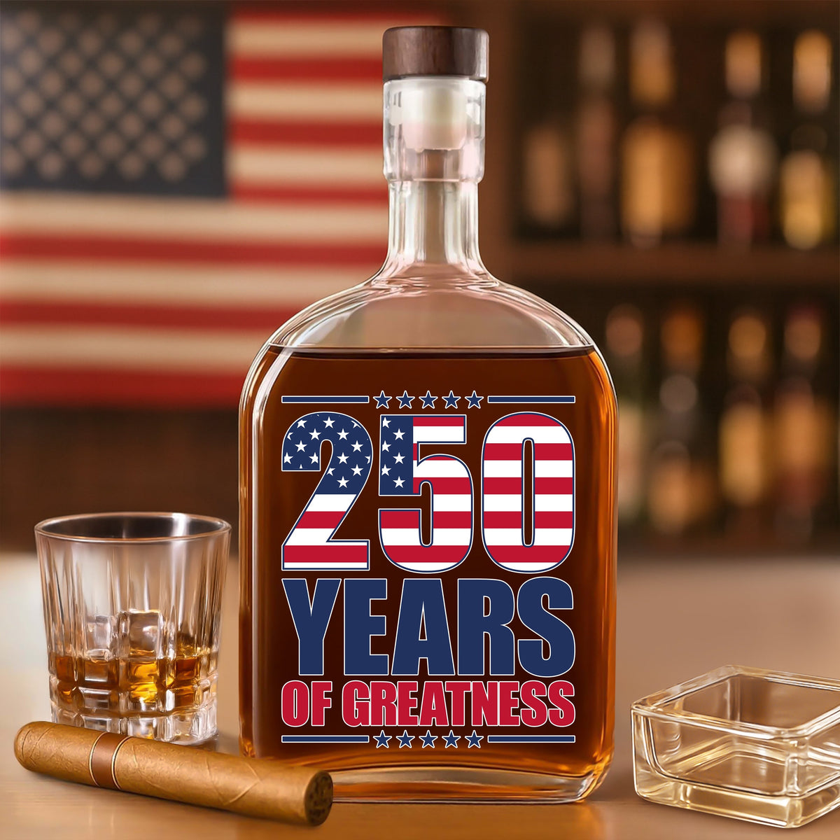 250 Years of Greatness USA Flag Patriotic 1776-2026 Anniversary Whiskey Bottle LM32 895225