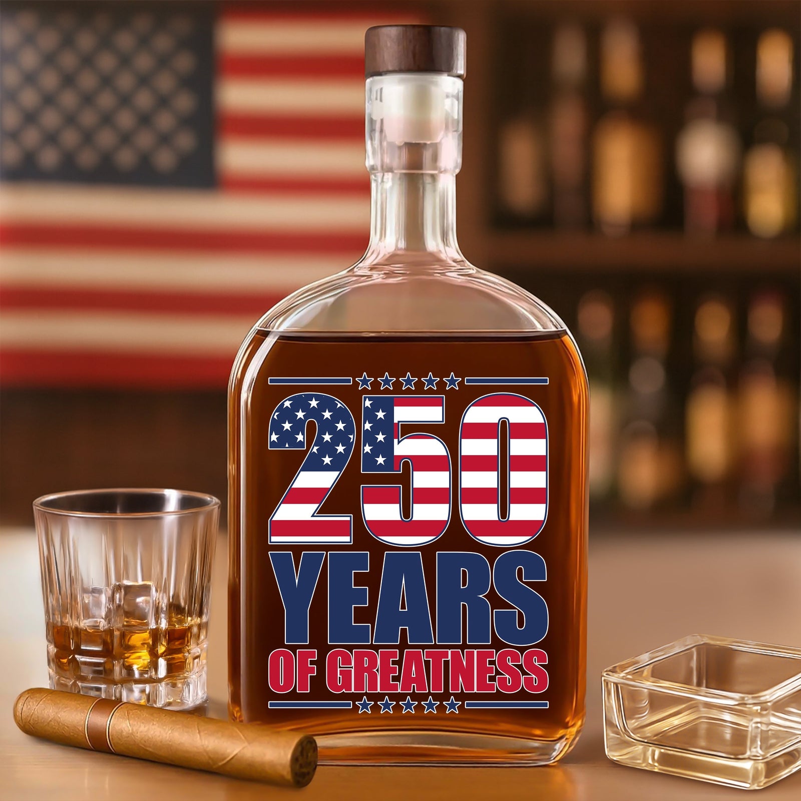 250 Years of Greatness USA Flag Patriotic 1776-2026 Anniversary Whiskey Bottle LM32 895225