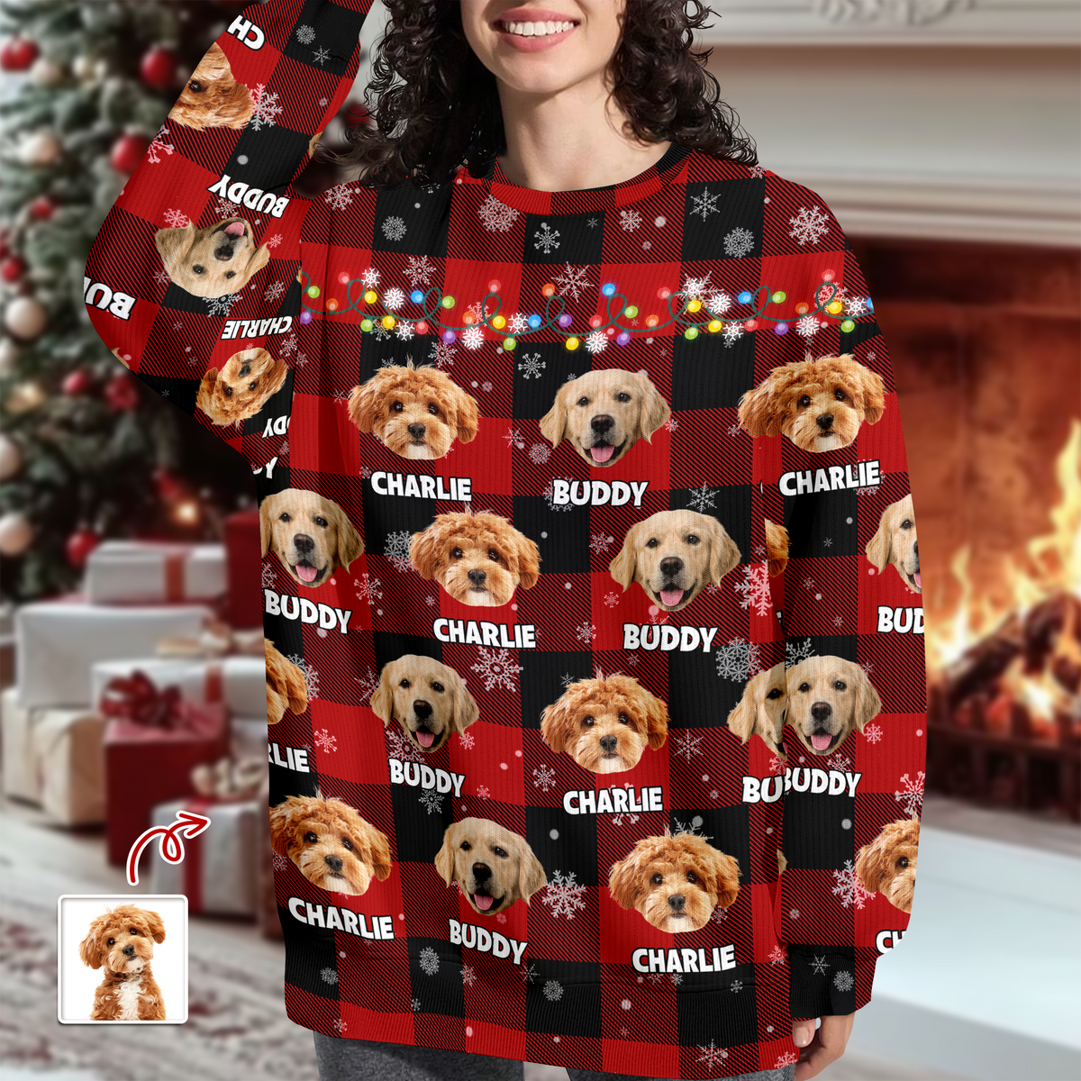 Custom Dog Photo Name Snow Christmas Light Holiday Ugly Sweater CH07 896368