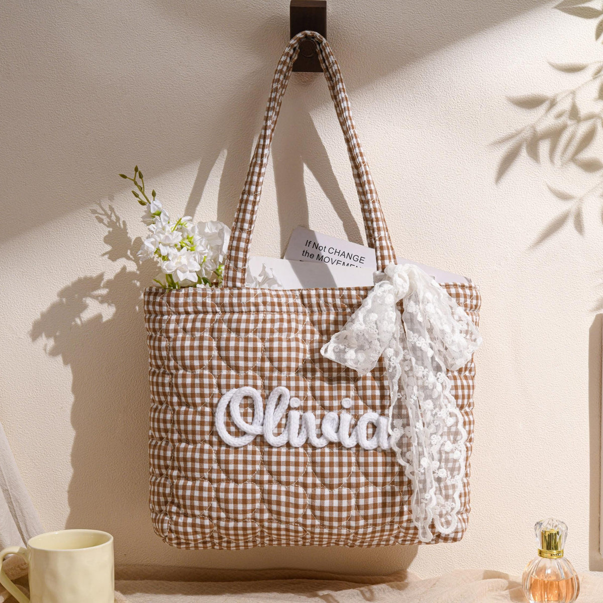 Personalized Crochet Name Quilted Heart Tote Bag with Lace Ribbon LM32 670085