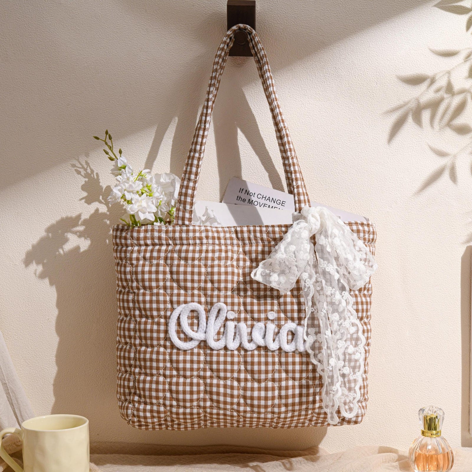 Personalized Crochet Name Quilted Heart Tote Bag with Lace Ribbon LM32 670085