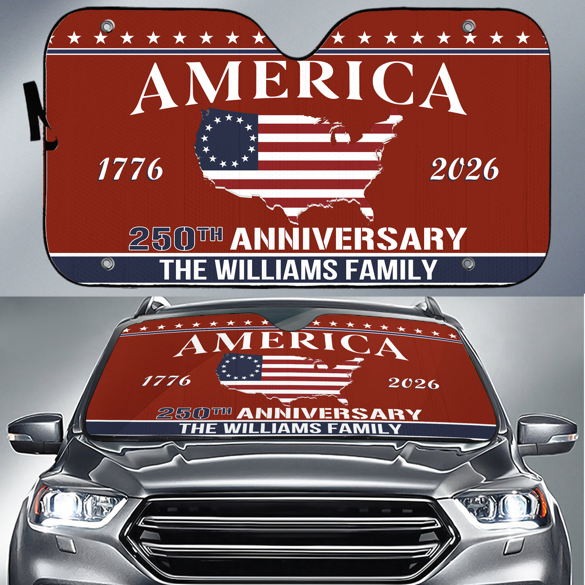 Custom Family Name US 250 Years Anniversary 1776-2026 America Flag Car Sunshade LM32 897763