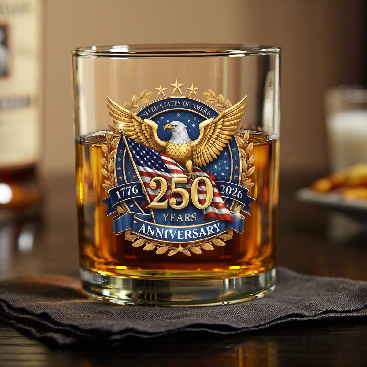 USA 250th Anniversary Emblem Patriotic Eagles Flag Whiskey Glass LM32 899071
