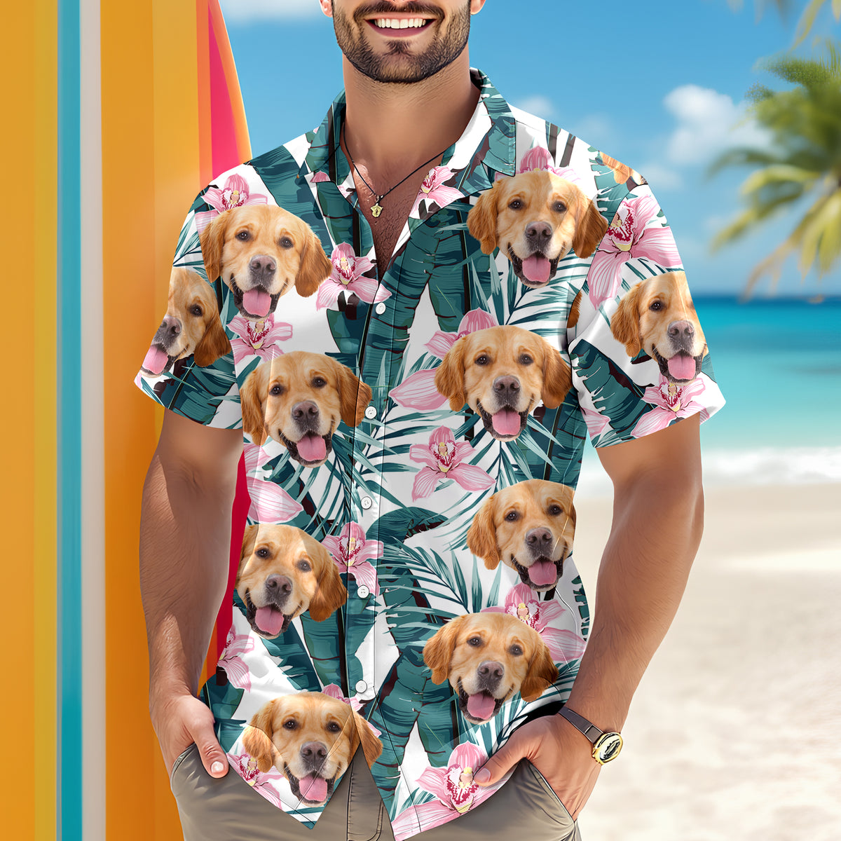 Custom Photo Funny Face Dog Cat Family Vacation Tropical Pattern Hawaii Shirt HA75 892308