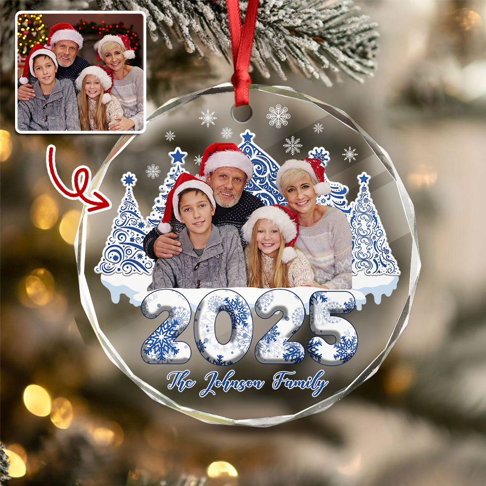 Custom Photo 3D Effect Family Toile De Jouy Christmas Trees For Family Glass Ornament LM32 895063