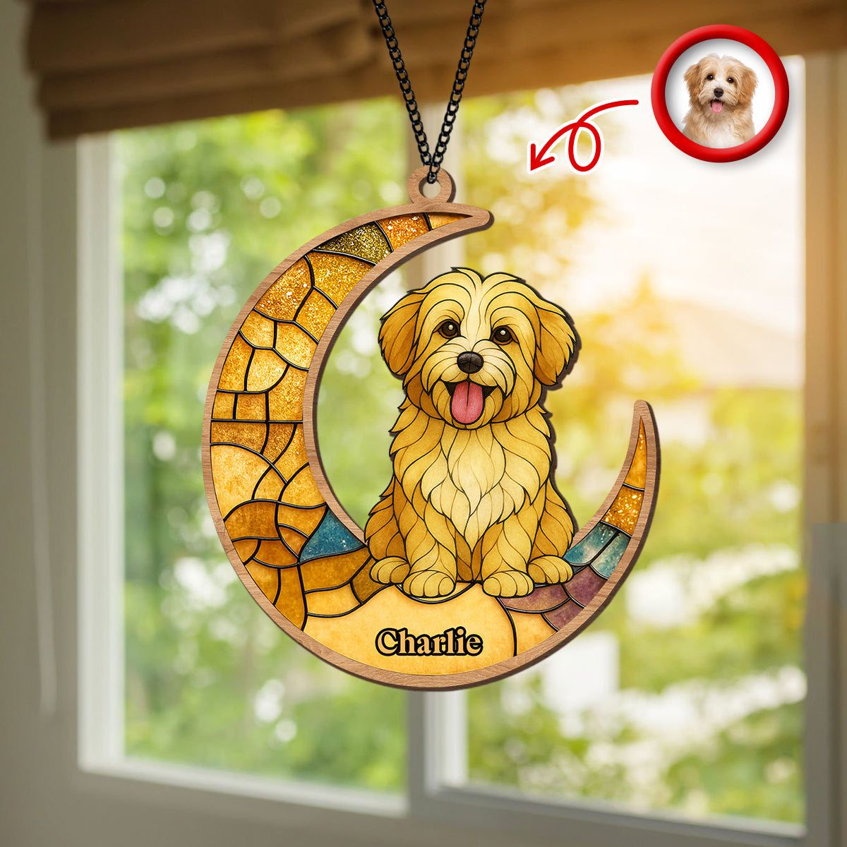Custom Dog Photo Glass Effect Dog On The Moon Suncatcher LM32 895419