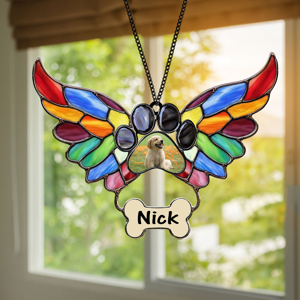 Custom Photo Pet Memorial With Angel Wings and Paw Print Suncatcher TH10 898115