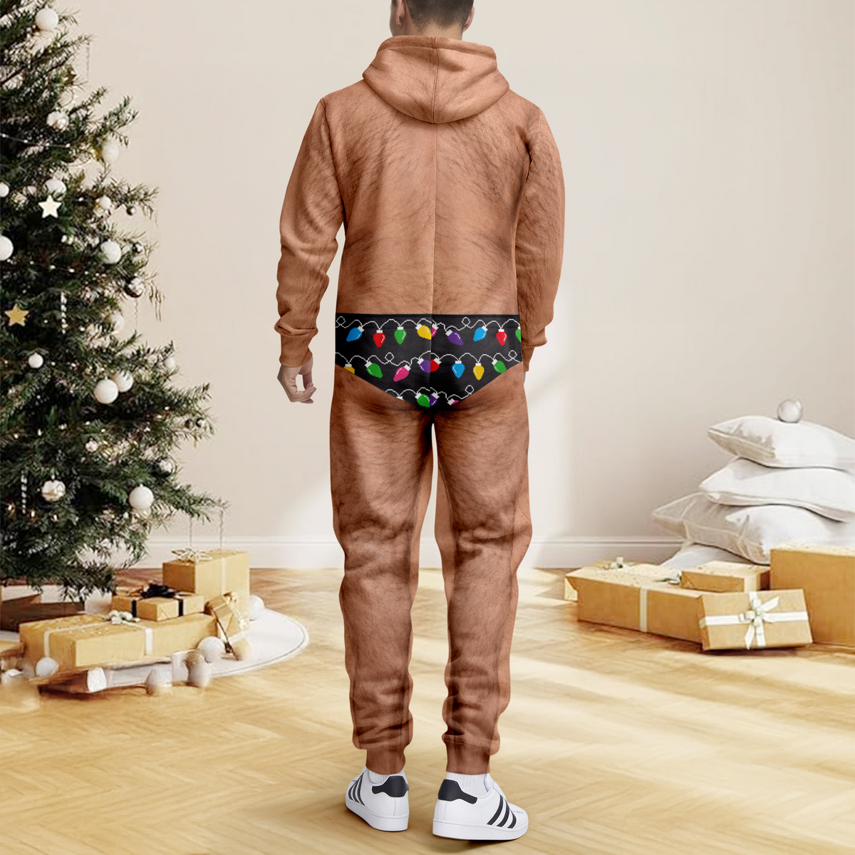 Personalized Funny Hairy Chest Men's Colorful Christmas Lights Underwear Onesie Pajamas HO82 903682