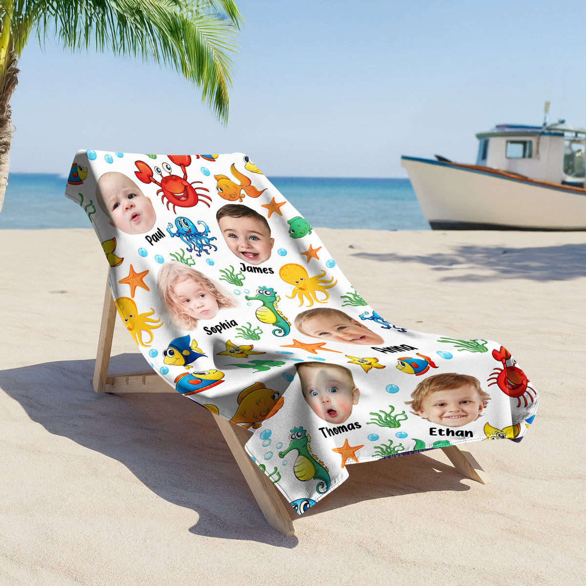 Custom Photo Cute Kid Face Watercolor Sea Creatures Summery Beach Towels CH07 895818