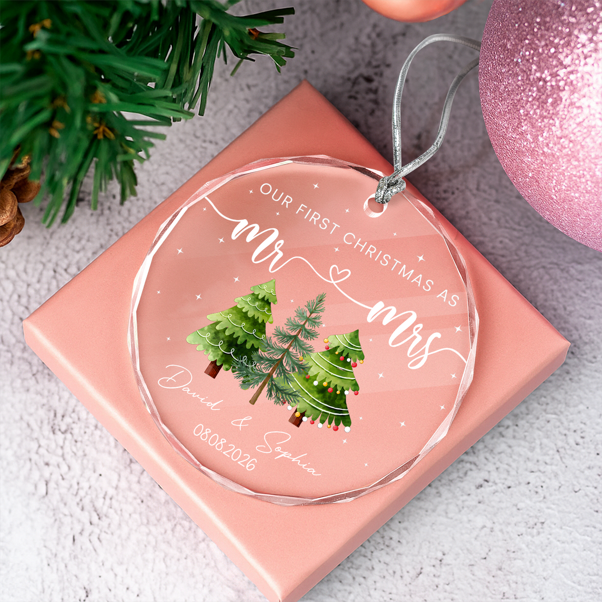Custom Name Our First Christmas As Mr & Mrs Glass Ornament, Personalized Newlywed Christmas Gift LM32 669701