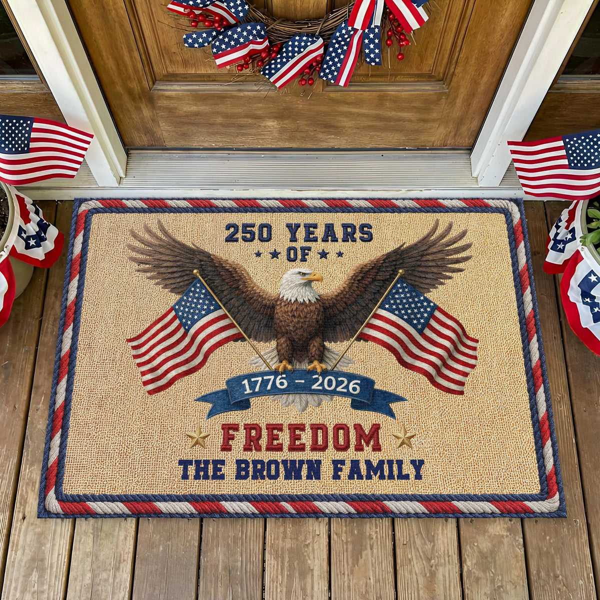 Personalized Family Name 250 Years Of Freedom USA Patriotic Faux Pattern Doormat - 2D Printed Not Embroidered Patriotic America Decor HO82 901580