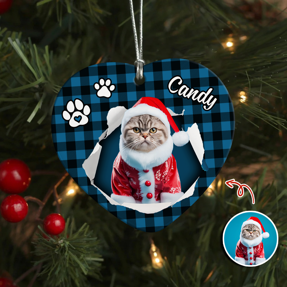 Custom Photo Cat Christmas Heart Shaped Ceramic Ornament HA75 897458