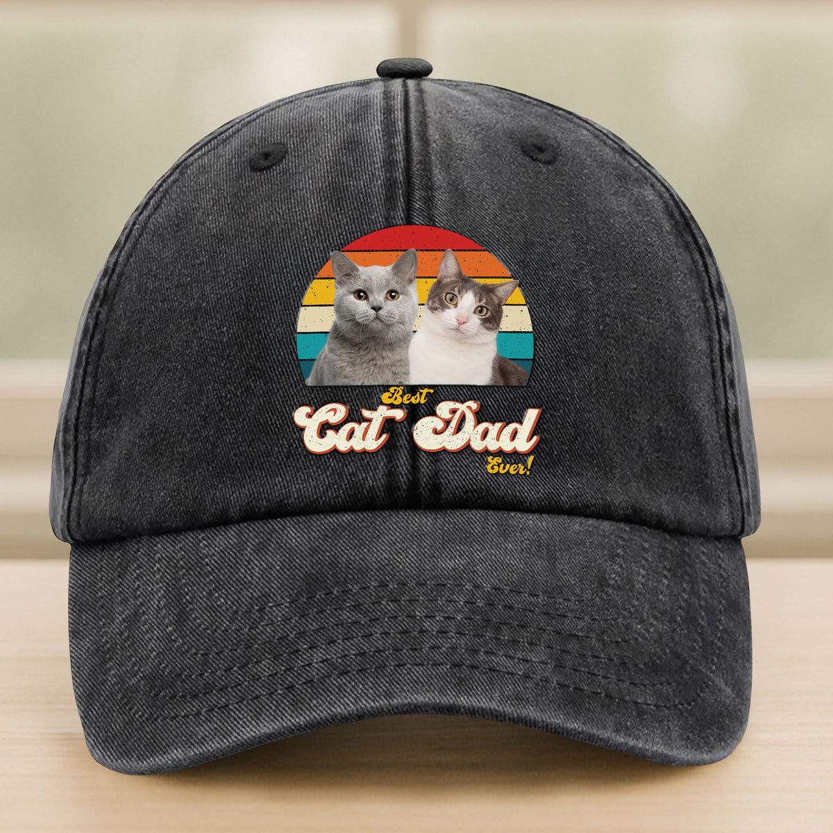 Custom Photo Best Cat Dad Ever Washed Denim Baseball Cap Gift For Father's Day, Cat Dad HO82 893942