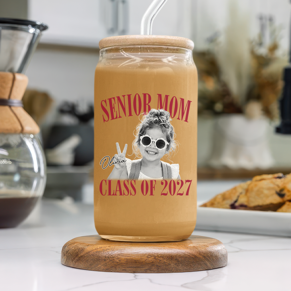Custom Photo Senior Mom, Senior Dad Class Of 2027 Glass Can With Lid TH10 170637