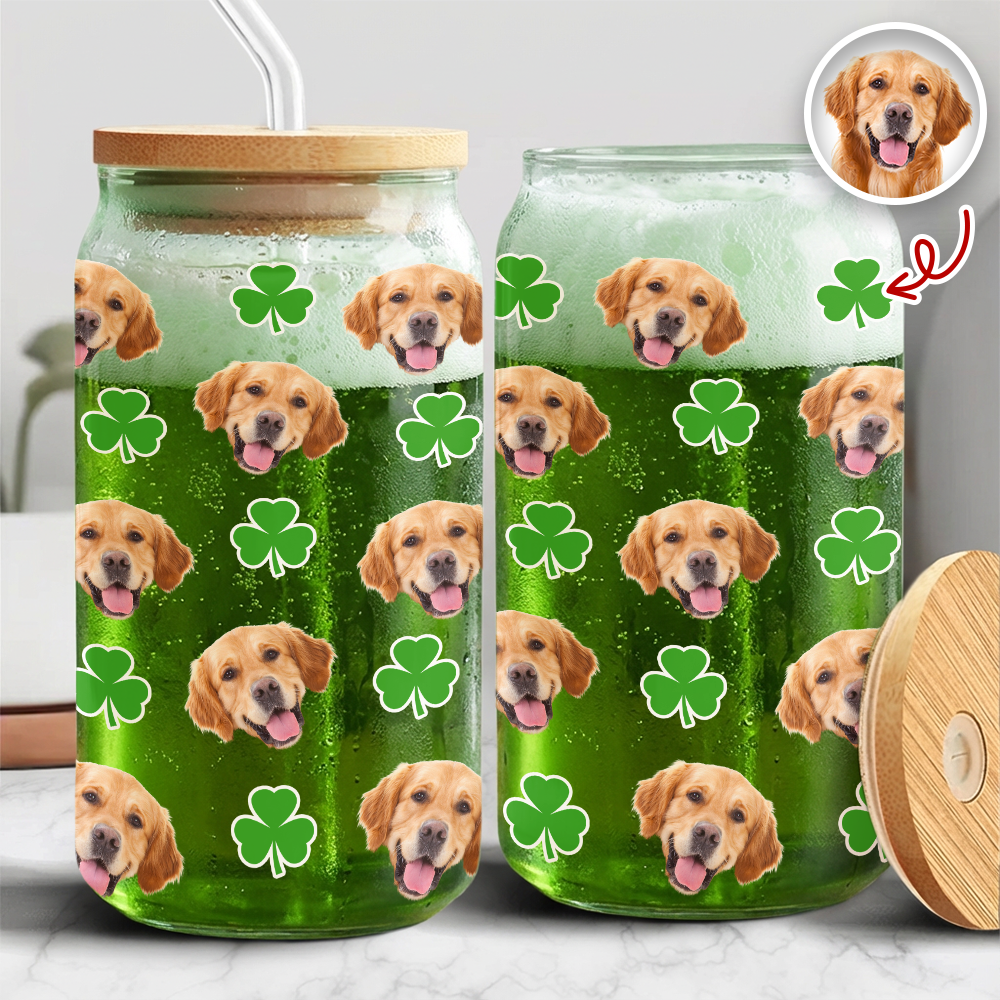 Custom Photo With Shamrock Leaf Glass Can With Lid TH10 898055