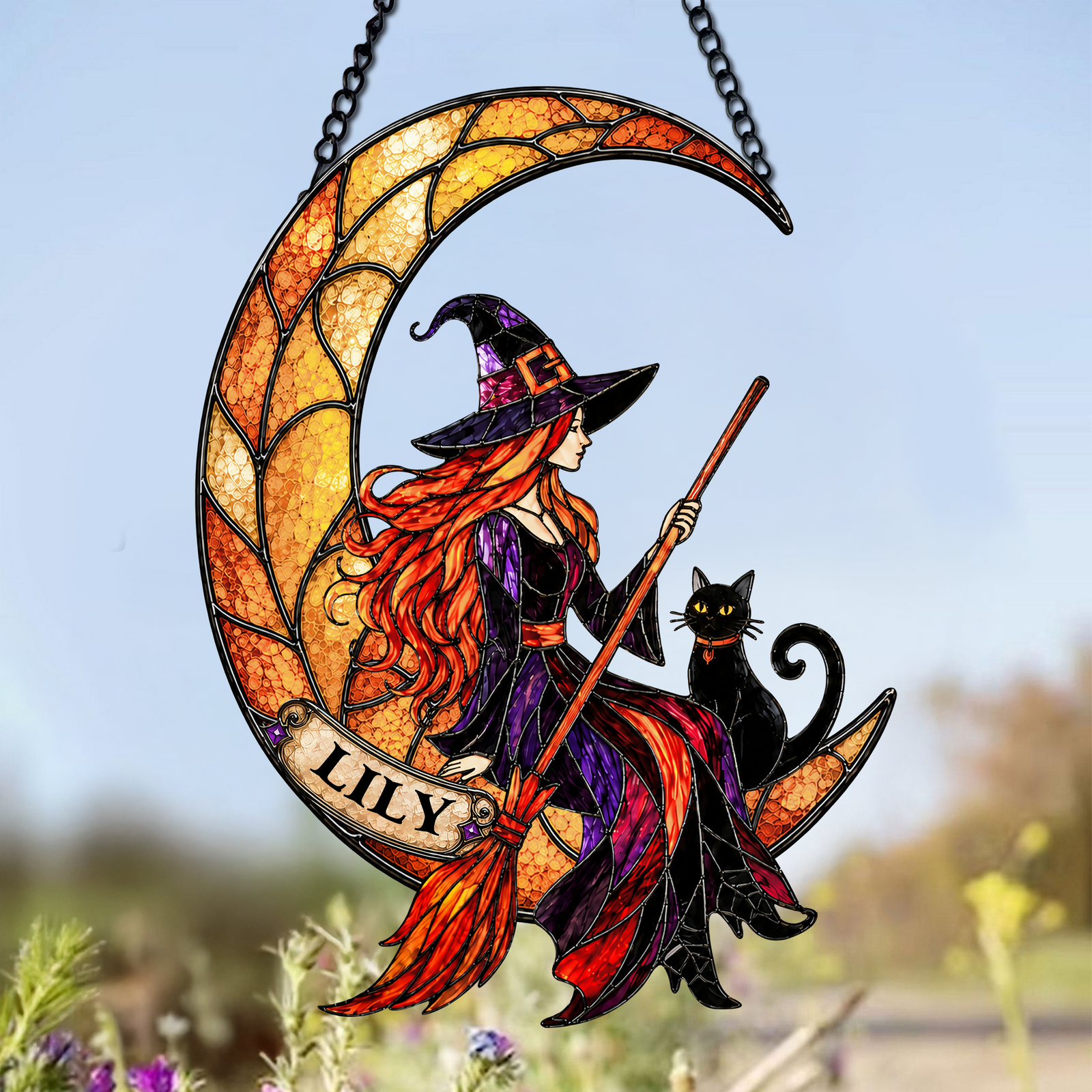 Custom Name Witch & Cat Halloween Stained Glass Suncatcher - Personalized Spooky Window Hanging CH07 180186