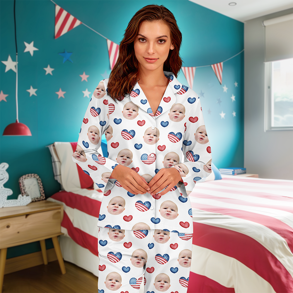Custom Photo America Coquette Bows Pajamas Set Gift For Independence Day CH07 896100