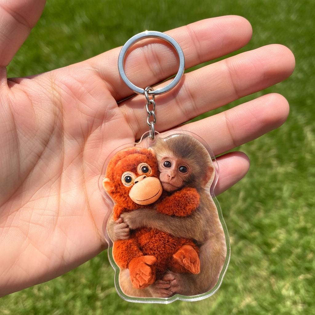 Cute Monkey Hugging Plush Acrylic Keychain, Baby Monkey Punch Keychain CH07 910868