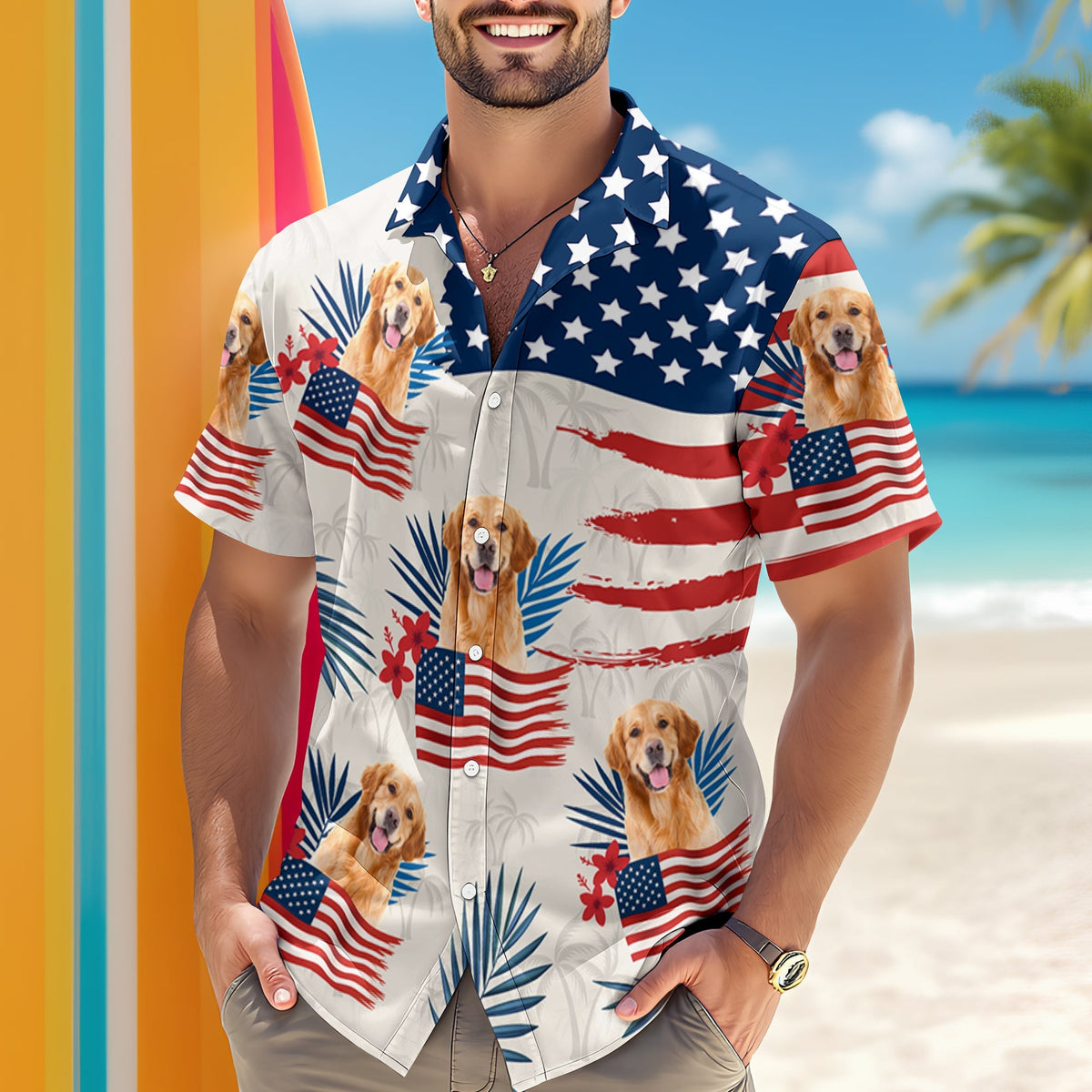 Custom Dog Cat Photo American Flag Hawaiian Shirt 4th of July Gift CH07 896110