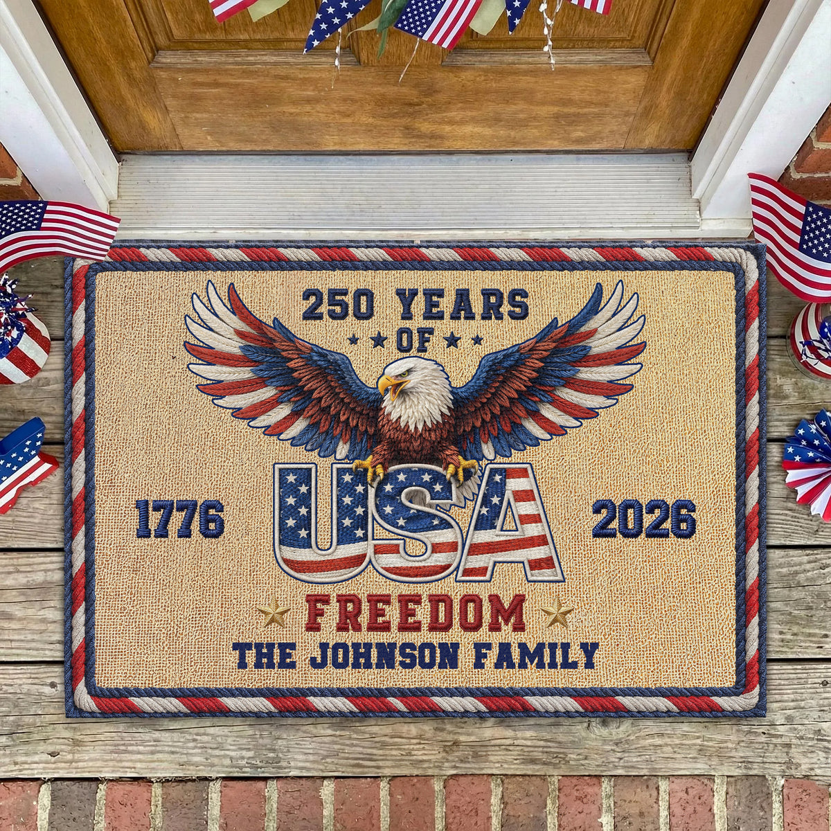 Personalized Family Name 250 Anniversary 1776 - 2026 USA Patriotic Faux Pattern Doormat - 2D Printed Not Embroidered Patriotic America Decor HO82 901582