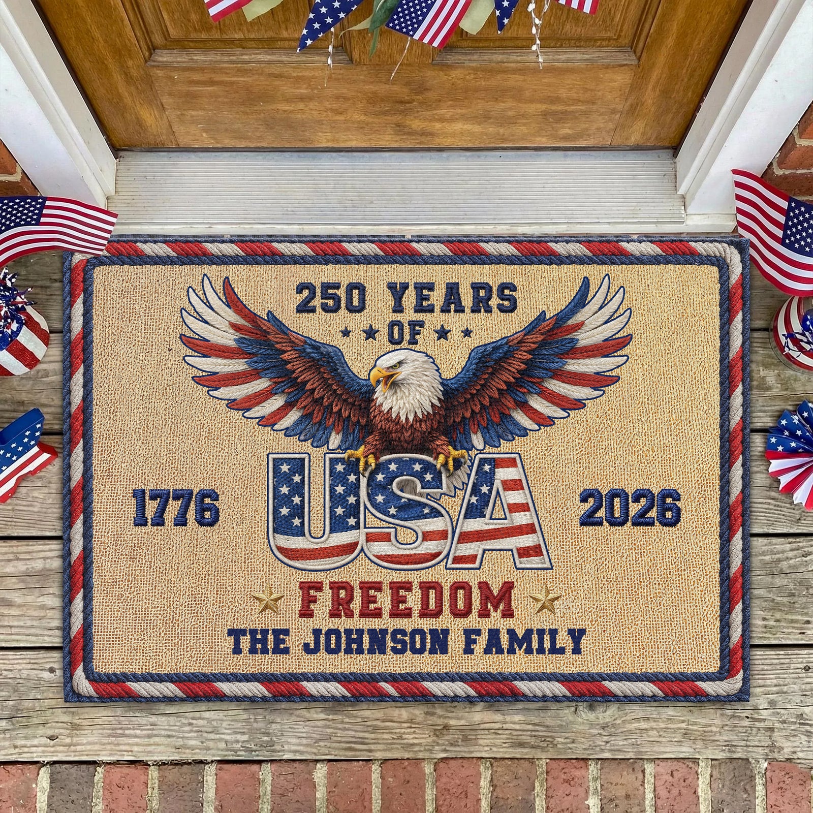 Personalized Family Name 250 Anniversary 1776 - 2026 USA Patriotic Faux Pattern Doormat - 2D Printed Not Embroidered Patriotic America Decor HO82 901582