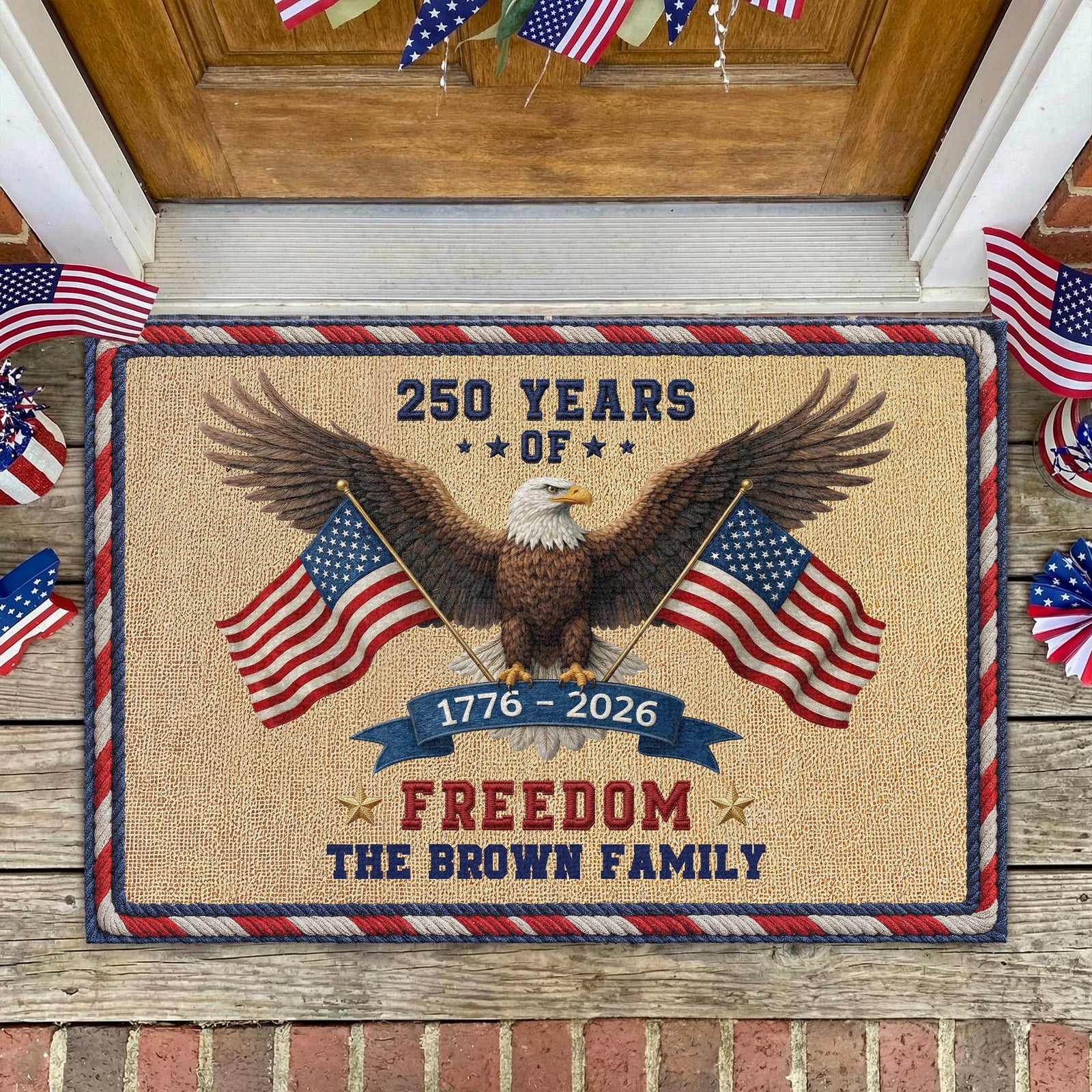 Personalized Family Name 250 Years Of Freedom USA Patriotic Faux Pattern Doormat - 2D Printed Not Embroidered Patriotic America Decor HO82 901580