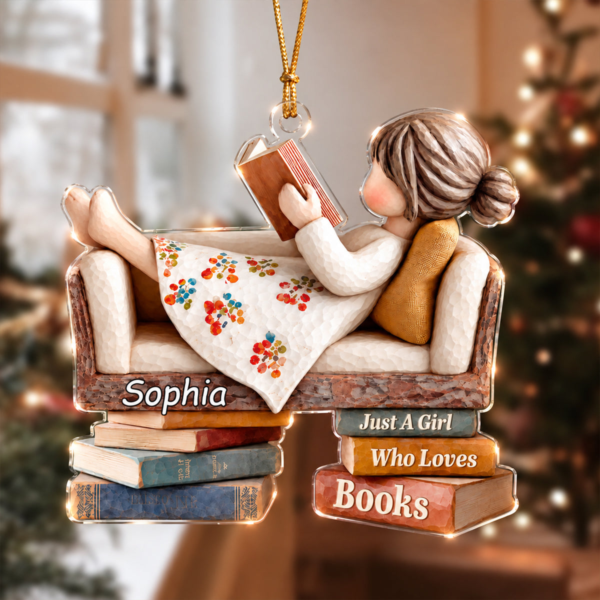 Custom Name Just A Girl Who Loves Books Acrylic Ornament, Bookworm Holiday Keepsake LM32 670021
