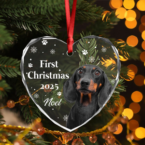 First Christmas With Cute Puppy And Snowflakes Custom Dog Photo Heart Glass Ornament CH07 896390