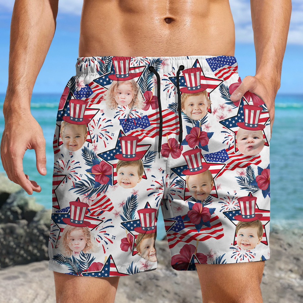 Custom Photo US Flag With Hawaii Pattern Man Beach Shorts, Father's Day Gift, For Dad HO82 894054