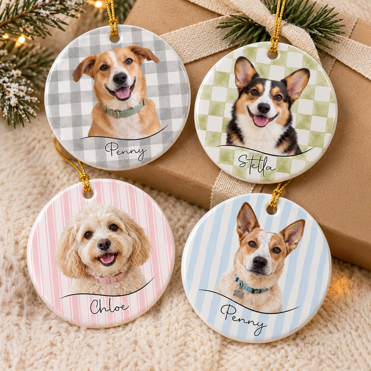 Custom Dog Cat Photo Gingham & Striped Pattern Ceramic Ornament LM32 670371