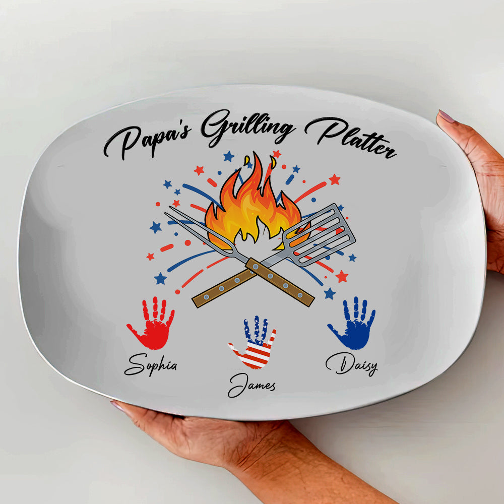 Custom Grandpa's Grilling Plate Independence Day Handprint Platter HO82 894206