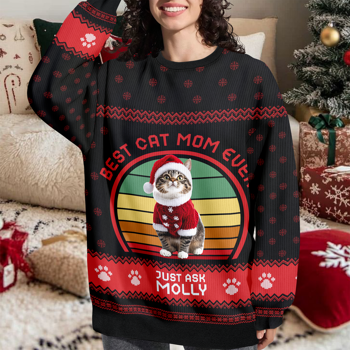 Custom Photo Best Cat Dad/Mom Ever - Personalized Unisex Ugly Sweater Christmas Gift For Cat Lovers HO82 900414