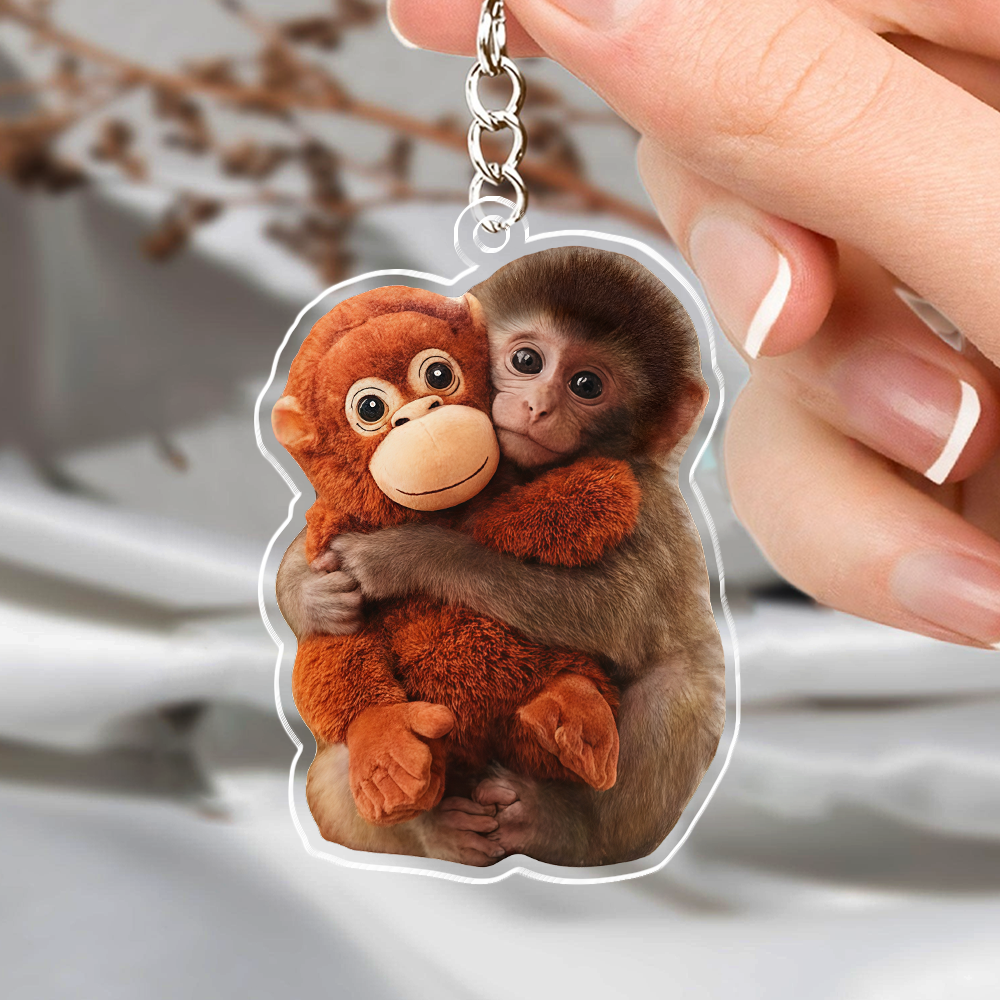 Cute Monkey Hugging Plush Acrylic Keychain, Baby Monkey Punch Keychain CH07 910868