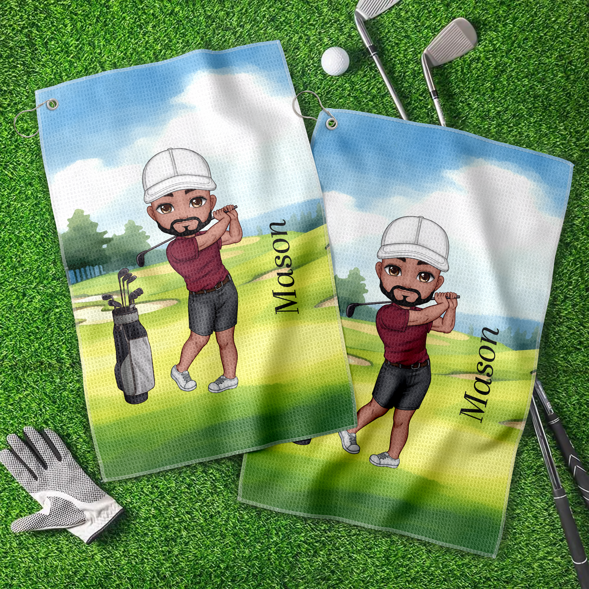 Personalised Soft Quick Dry Cartoon Character Golf Waffle Towel with Carabiner Golf Accessories Birthday Gift for Golf Player HO82 900916