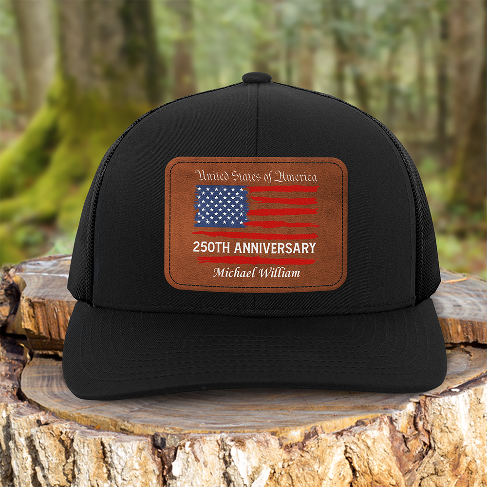 Custom Name USA 250th Anniversary America Flag Leather Patch Hat HO82 902306