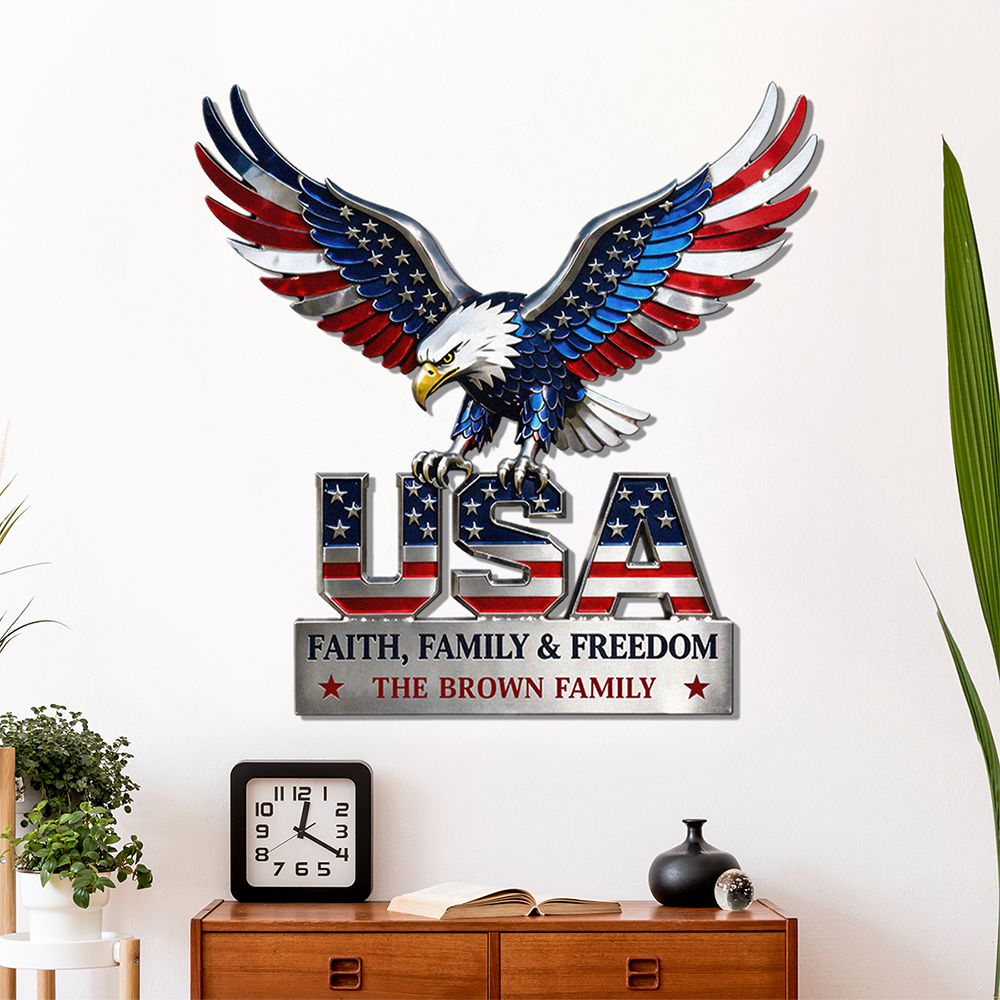 Custom Family Name Monogram Metal Sign, USA Eagle Patriotic Wall Decor, Personalized American Flag Sign CH07 911002