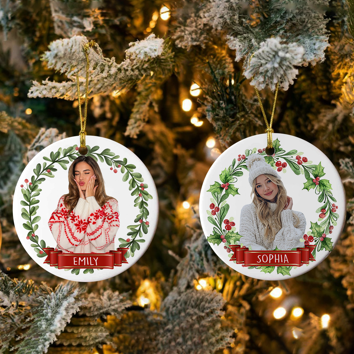Custom Photo Christmas Wreath Ceramic Ornament, Personalized Holiday Keepsake TH10 171375