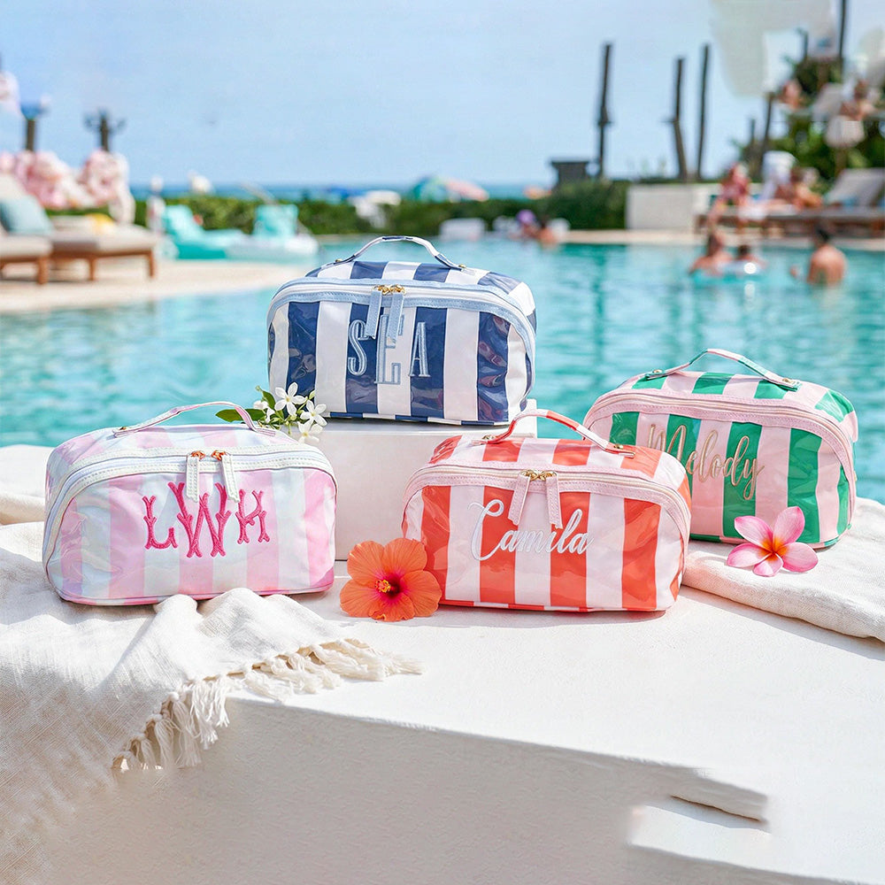 Personalized Name Embroidered Monogram Striped Waterproof Makeup Bag - Gift For Mom, Girlfriend, Women, Summer Gift CH07 911340